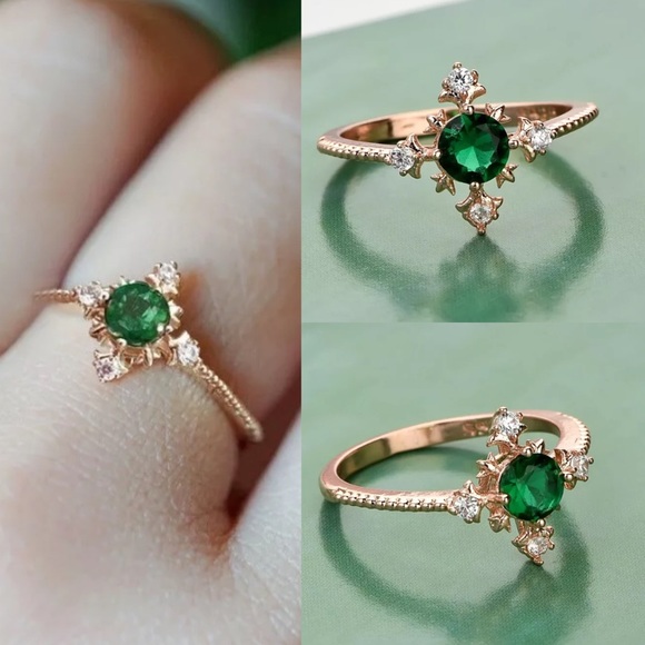 Rose Gold Green Zircon 925 Silver Filled Halo Ring - Picture 2 of 3